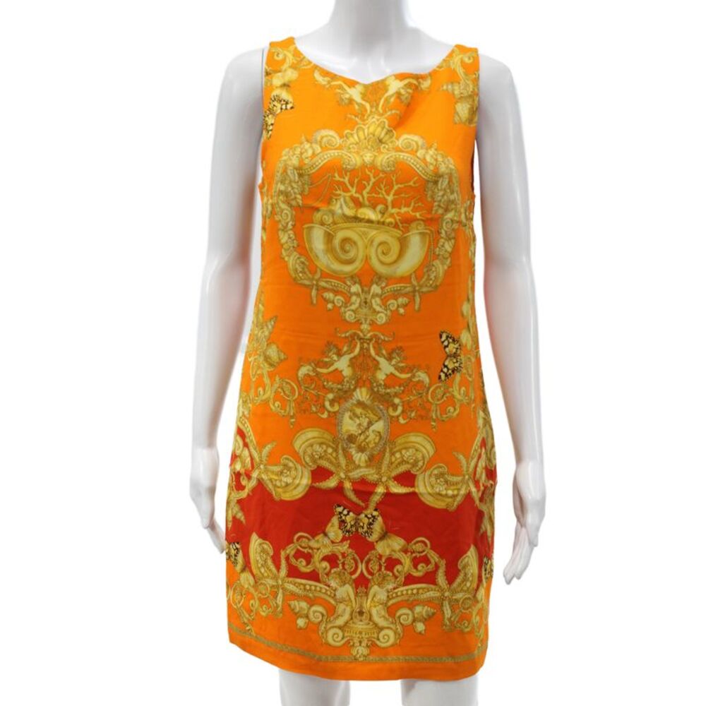 Versace Women Shift Dress Orange Silk Sleeveless Round Neck Geometric Size 4